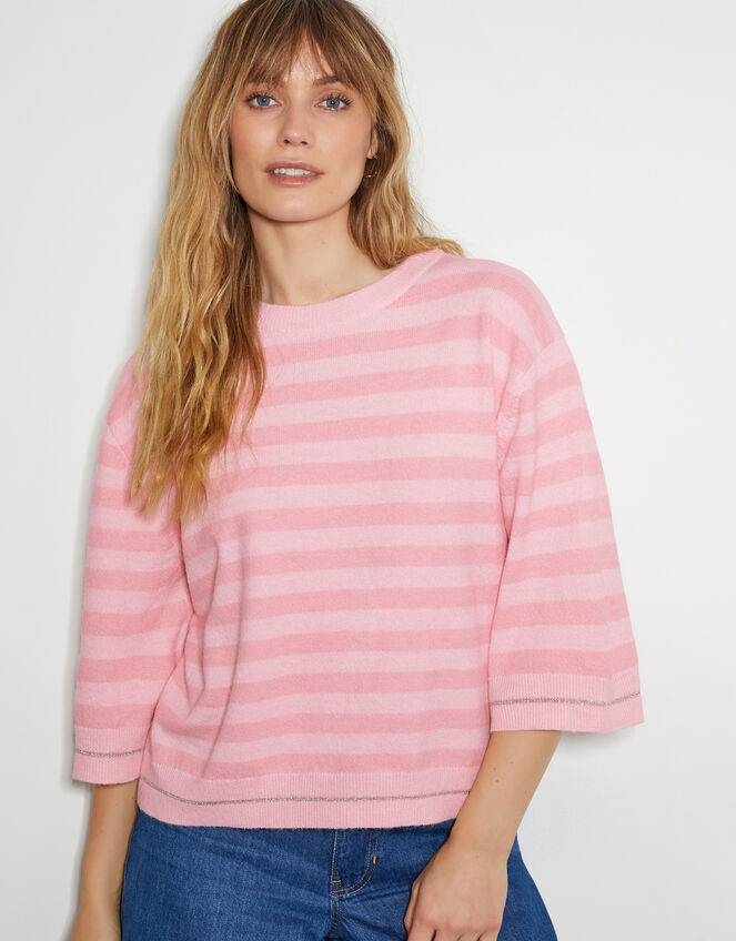 Sammi Stripe Crop Sleeve Jumper, Pink (PINK), large