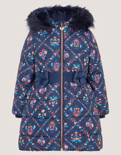 Floral Print Bow Puffer Coat, Blue (NAVY), large