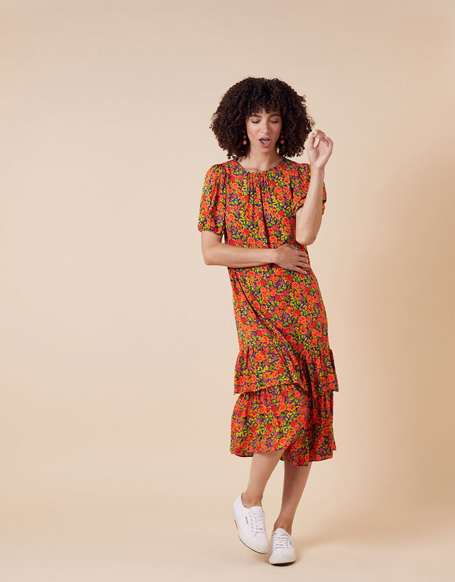 Romana Floral Tiered Hem Midi Dress, Orange (ORANGE), large