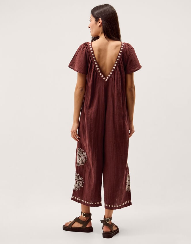 Aurelia Embroidered Cotton Jumpsuit, Brown (BROWN), large
