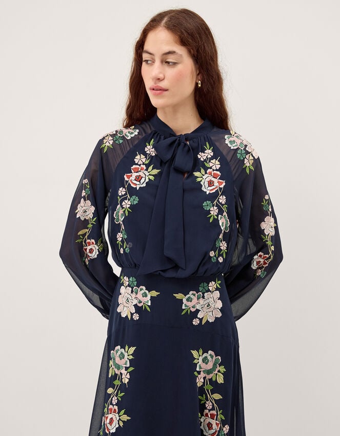 Annika Floral Embroidered Chiffon Midi Dress, Blue (NAVY), large