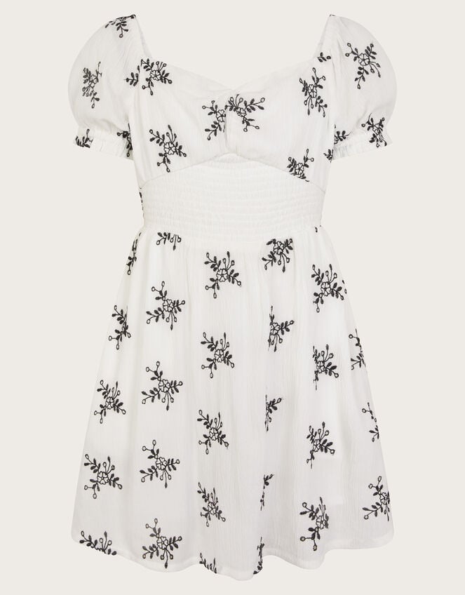 Broderie Floral Puff Sleeve Dress, White (WHITE), large