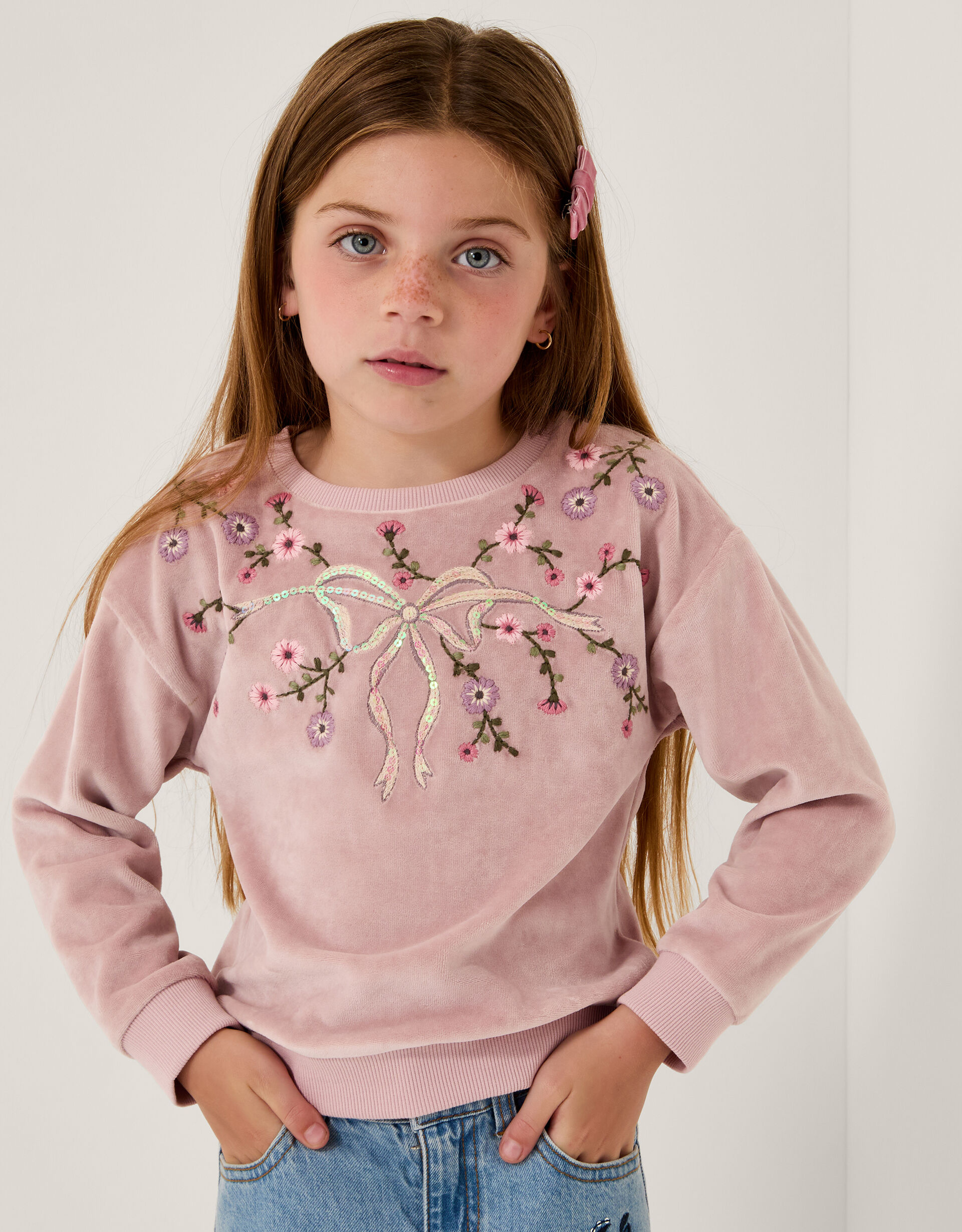 Bow Embellished Velour Sweatshirt Purple