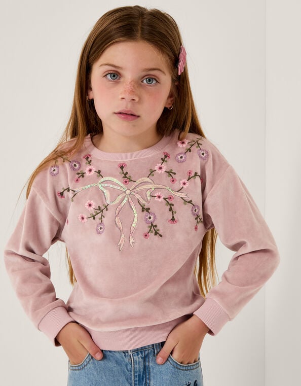 Bow Embellished Velour Sweatshirt, Purple (PURPLE), large