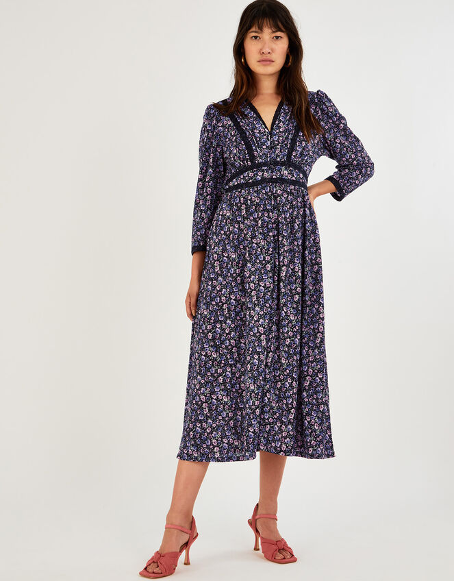 Ditsy Lace Trim Jersey Midi Dress Purple