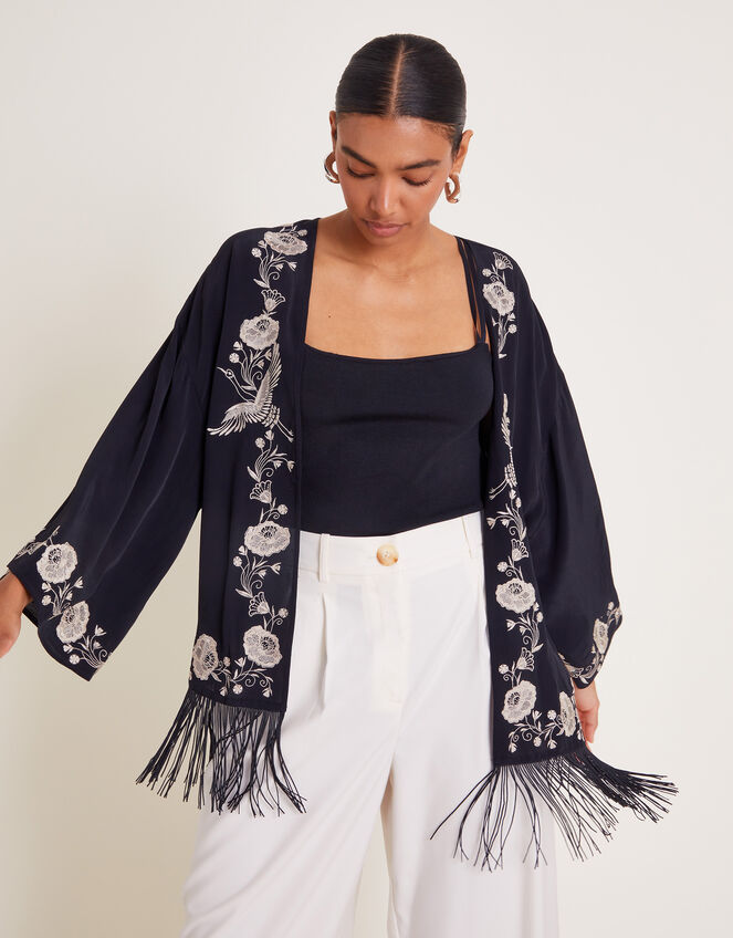 Erin Embroidered Fringe Jacket, Black (BLACK), large