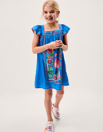 Flamingo Floral Print Beach Dress, Blue (BLUE), large