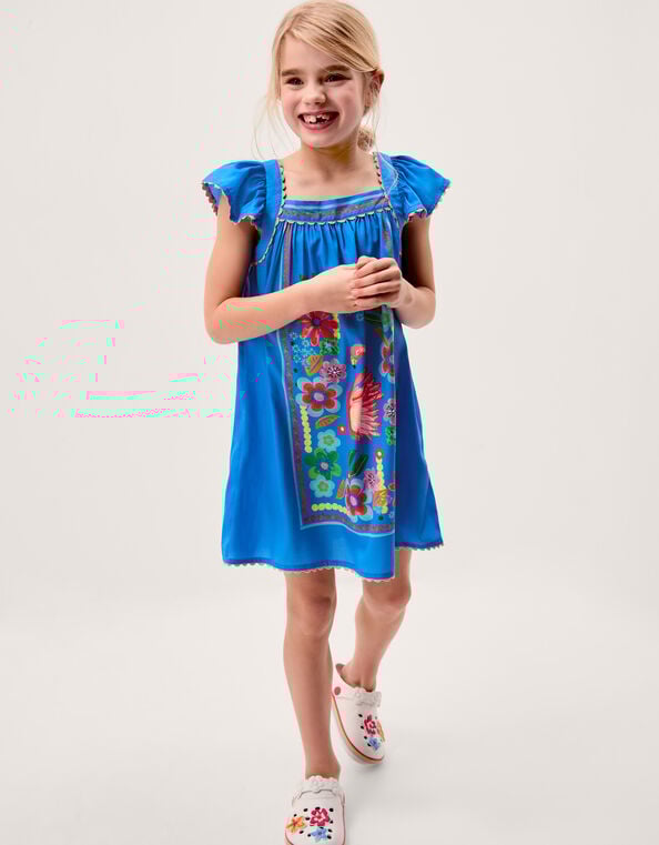 Flamingo Floral Print Beach Dress, Blue (BLUE), large