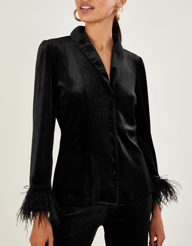 Raegan Velvet Feather Blouse, Black (BLACK), large