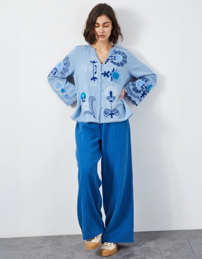 East Aurina Long Sleeve Embroidered Blouse, Blue (BLUE), large