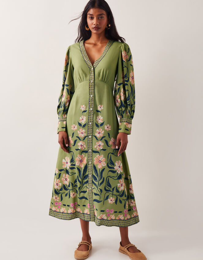 Belle Floral Blouson Midi Dress, Green (GREEN), large