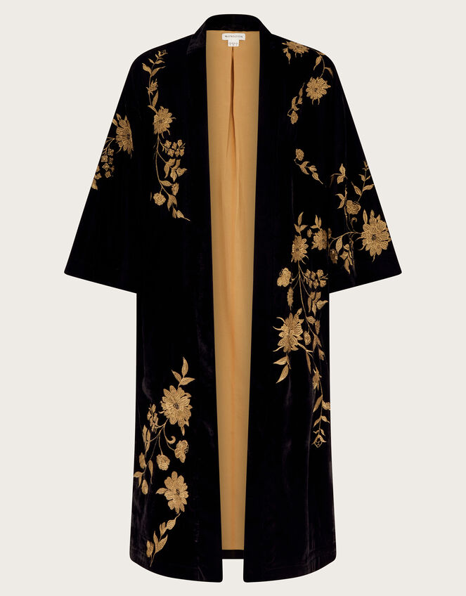 Kendra Embroidered Floral Velvet Kimono, Black (BLACK), large