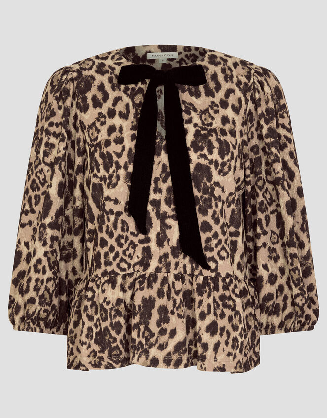 Archie Leopard Print Peplum Top, Brown (BROWN), large
