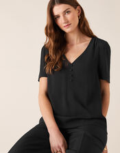 Button Front V-Neck Top, Black (BLACK), large