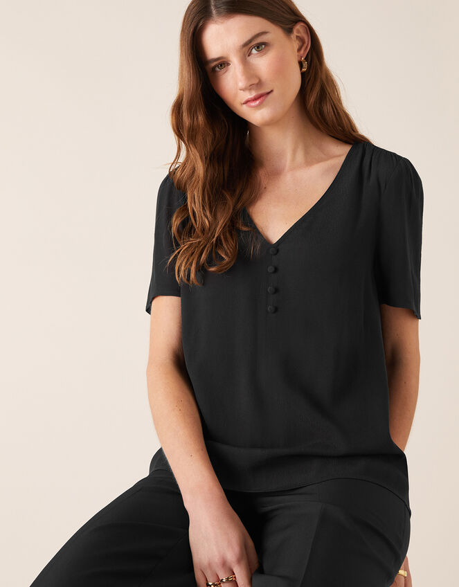 Button Front V-Neck Top, Black (BLACK), large