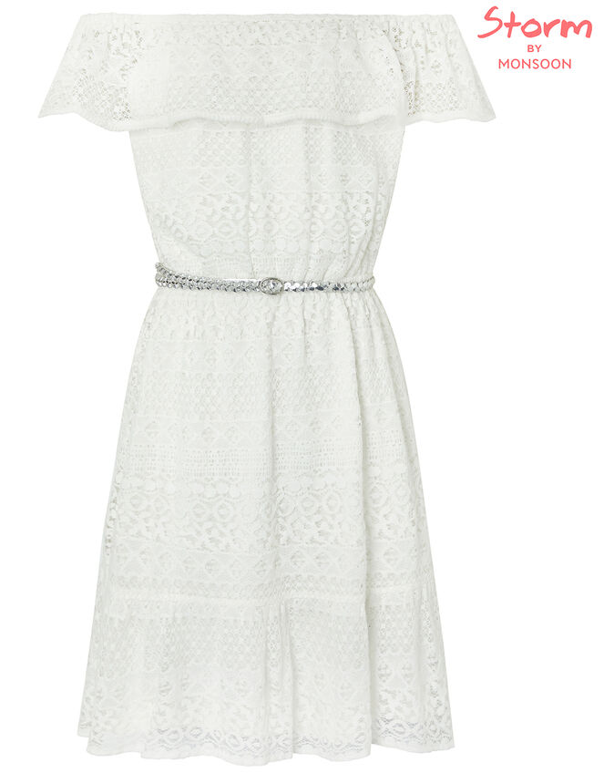 Leah Lace Bardot Dress with Belt, Ivory (IVORY), large