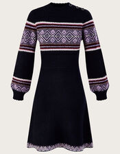 Fair Isle Short Knitted Dress with Recycled Polyester, Blue (BLUE), large