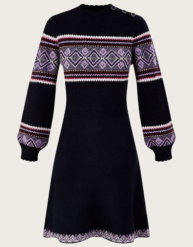 Fair Isle Short Knitted Dress with Recycled Polyester, Blue (BLUE), large