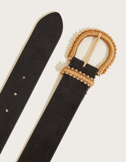 Leather Antique Buckle Belt, Black (BLACK), large