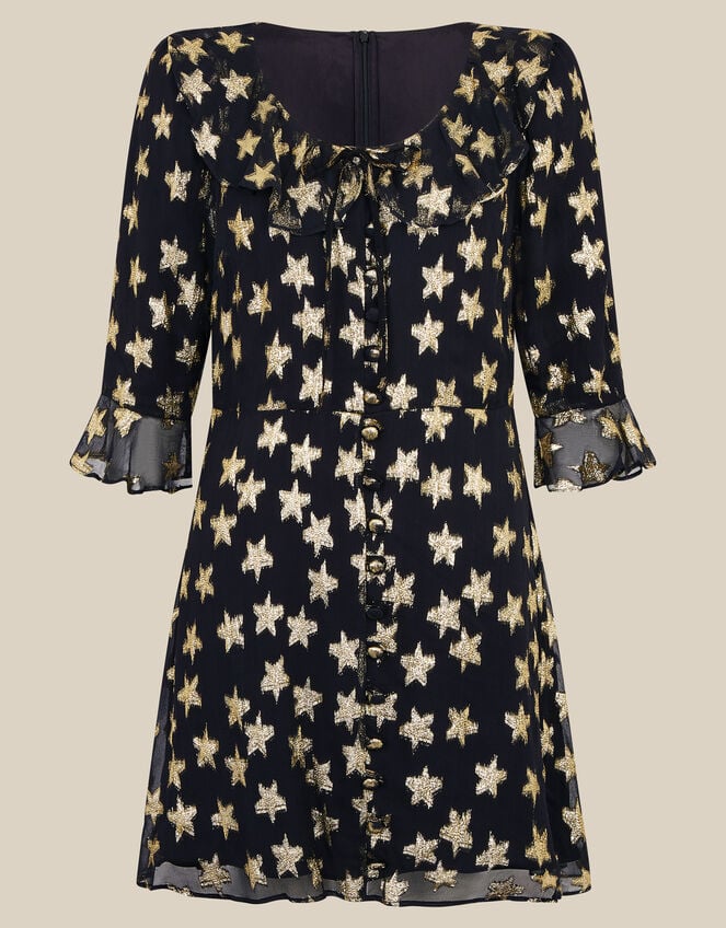 Monsoon x Queens of Archive Farrah Metallic Star Jacquard Mini Dress​, Black (BLACK), large