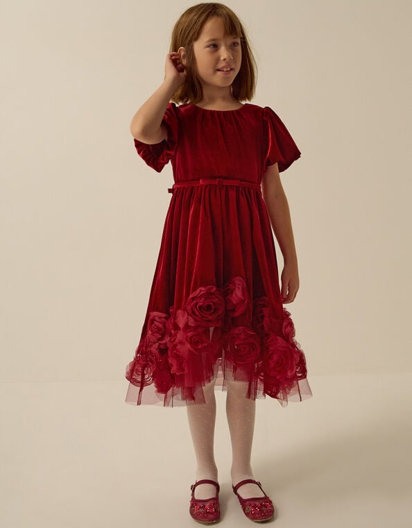 Adelyn Floral Appliqu&eacute; Velvet Party Dress, Red (RED), large