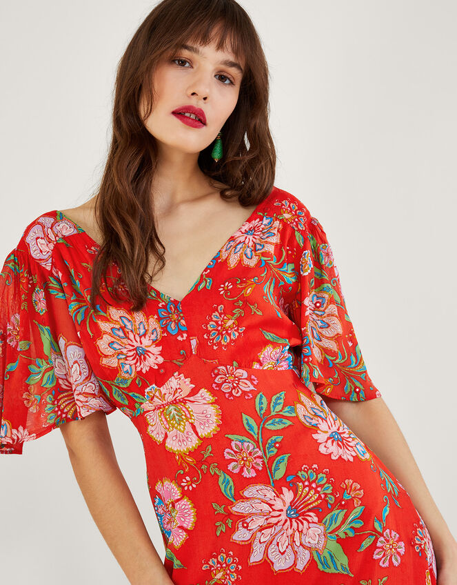 Short Habillé New Look – Taille 12, Floral Flottant, Rouge/orange, Viscose