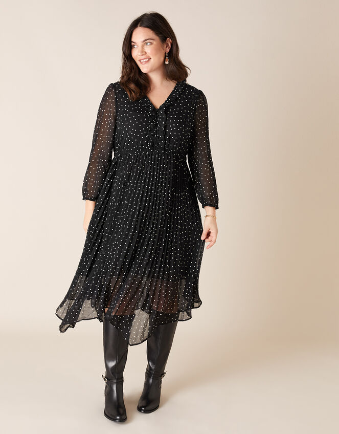 Spot Print Pleated Hanky Hem Dress, Black (BLACK), large