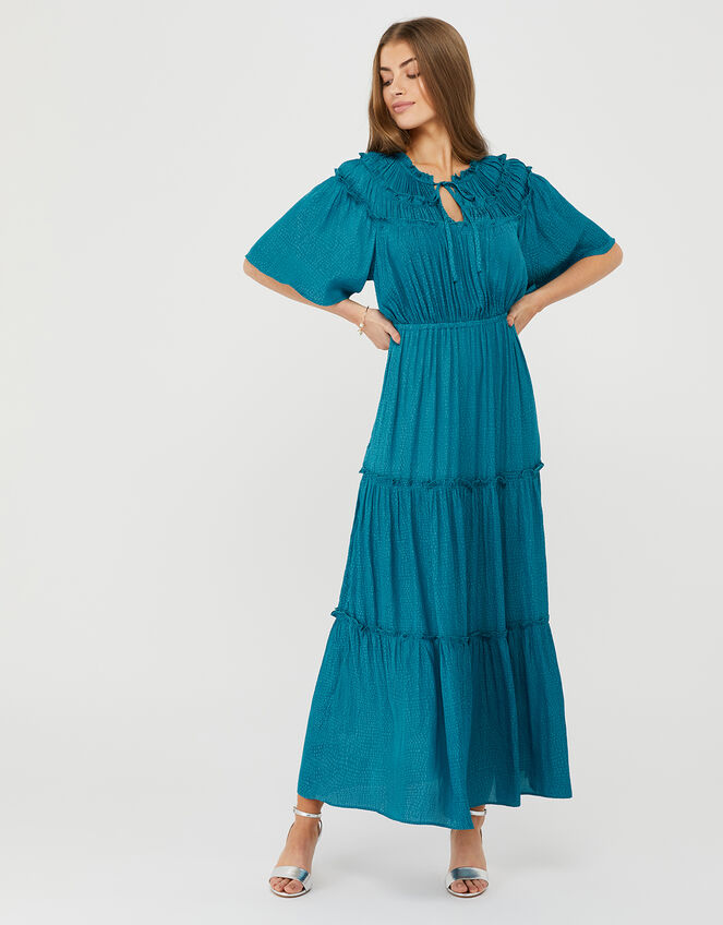 Sienna Satin Jacquard Tiered Midi Dress, Teal (TEAL), large