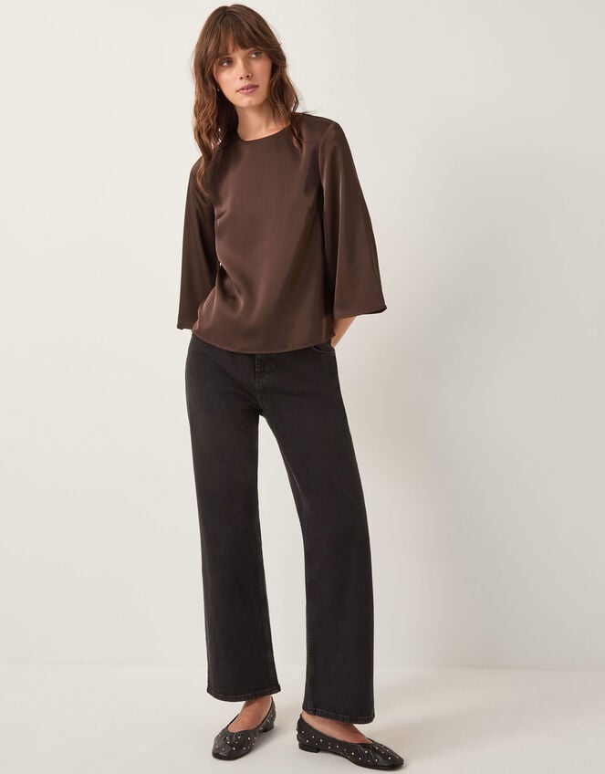 Ingrid Bell Sleeve Satin Blouse, Brown (CHOCOLATE), large