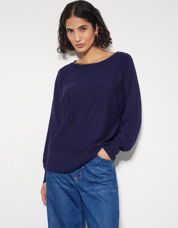 Bliss Bead Neck Jumper, Blue (NAVY), large