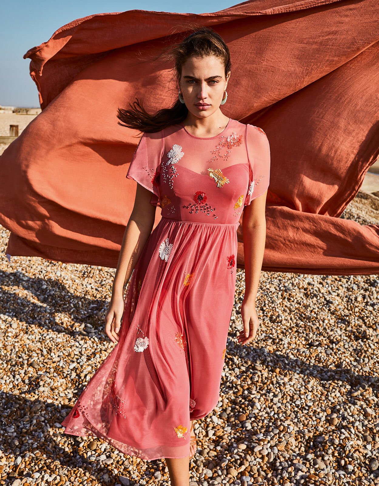 Elissia Embellished Midi Dress in Recycled Fabric Orange