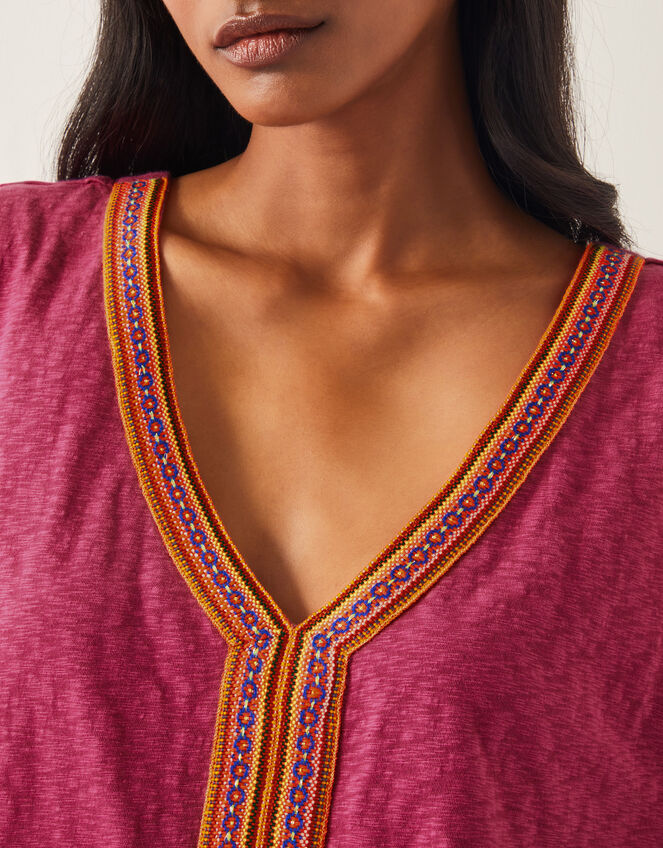Elena Embroidered V-Neck Jersey T-Shirt, Pink (PINK), large