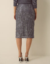 Samie Sequin Fringe Pencil Skirt, Dark Silver (GUNMETAL), large