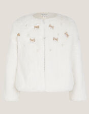 Embellished Faux Fur Coat, Ivory (IVORY), large