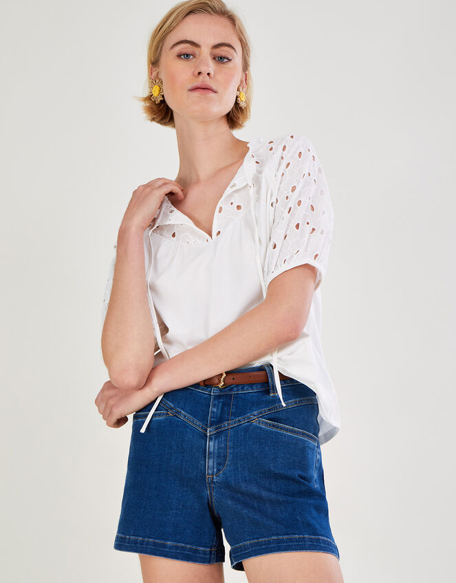 Broderie Sleeve Jersey Top in Sustainable Cotton, Ivory (IVORY), large