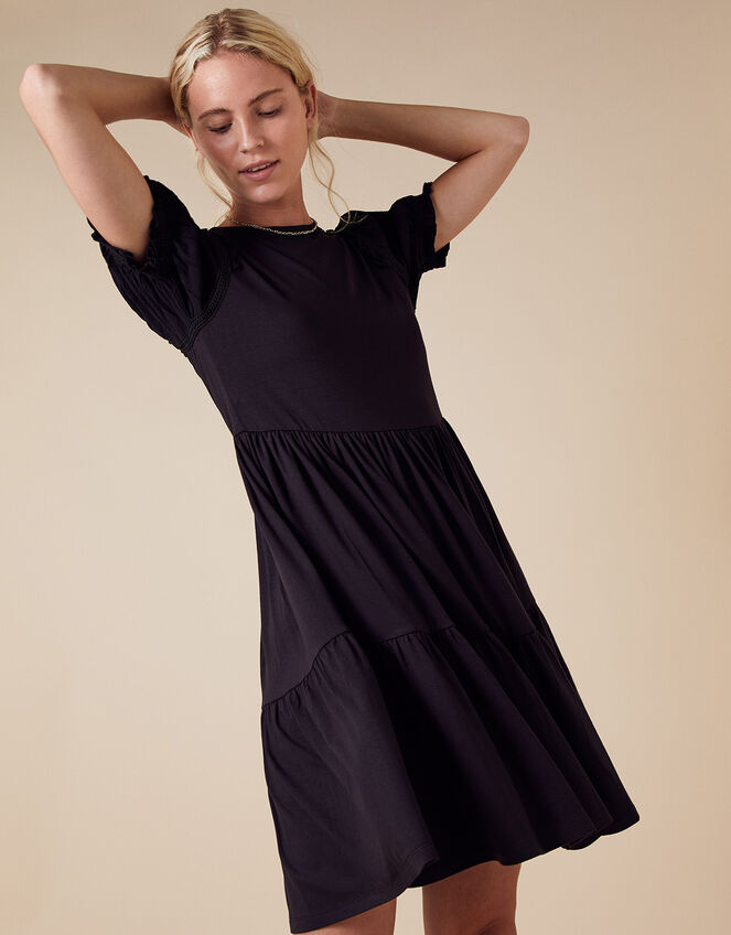 Woven Sleeve Jersey Smock Dress with LENZING™ ECOVERO™, Black (BLACK), large