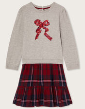 Tartan 2-in-1 Sequin Bow Sweat Dress, Red (RED), large