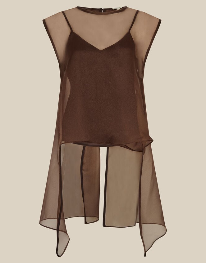 Ottie Sleeveless Organza Cape Top, Brown (BROWN), large
