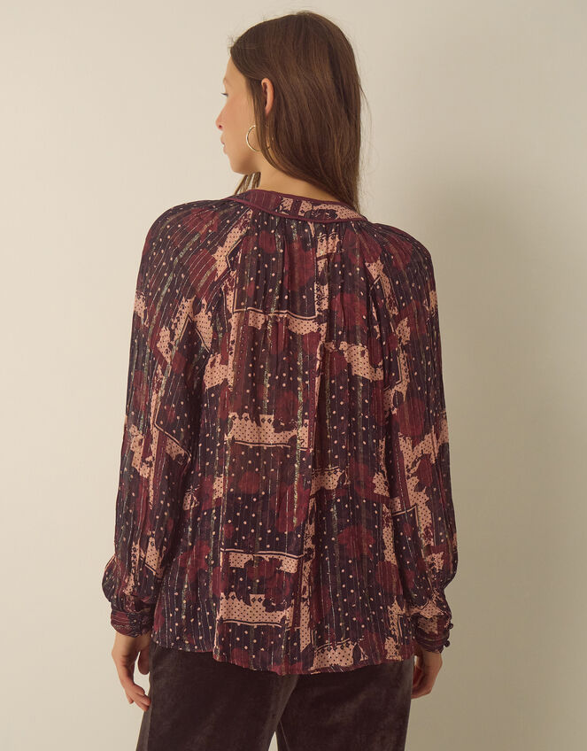 Poppy V-Neck Embellished Patchwork Blouse, Red (BURGUNDY), large