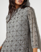 Adele Hand-Beaded Long Sleeve Mini Dress, Grey (GREY), large