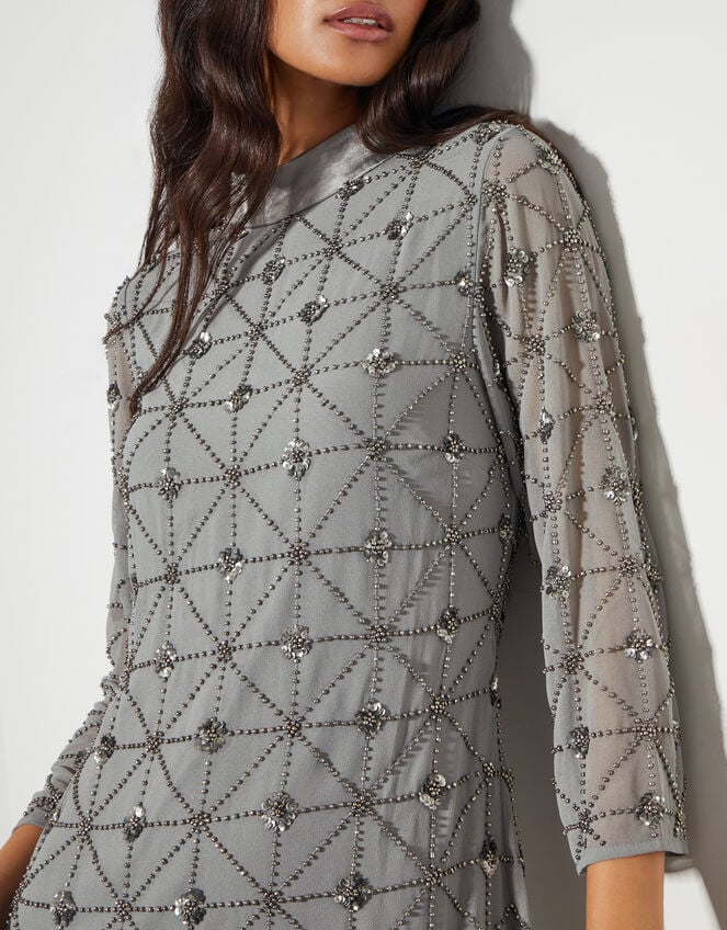 Adele Hand-Beaded Long Sleeve Mini Dress, Grey (GREY), large