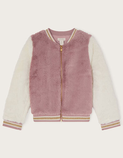 Faux Fur Varsity Bomber Jacket, Pink (PINK), large