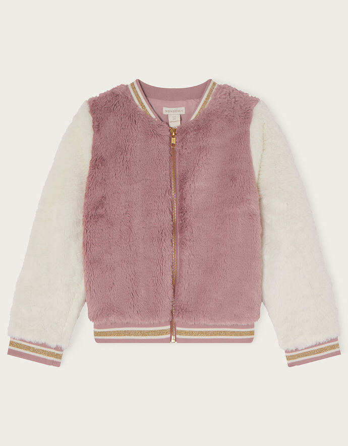 Faux Fur Varsity Bomber Jacket Pink | Girls' Coats & Jackets | Monsoon UK.
