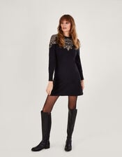 Frill Neck Metallic Print Dress with Sustainable Cotton, Black (BLACK), large