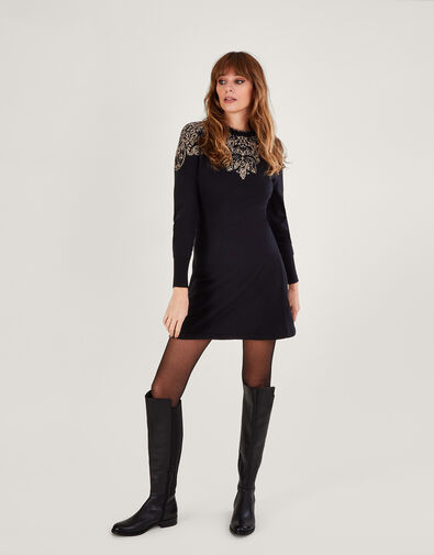 Frill Neck Metallic Print Dress with Sustainable Cotton, Black (BLACK), large