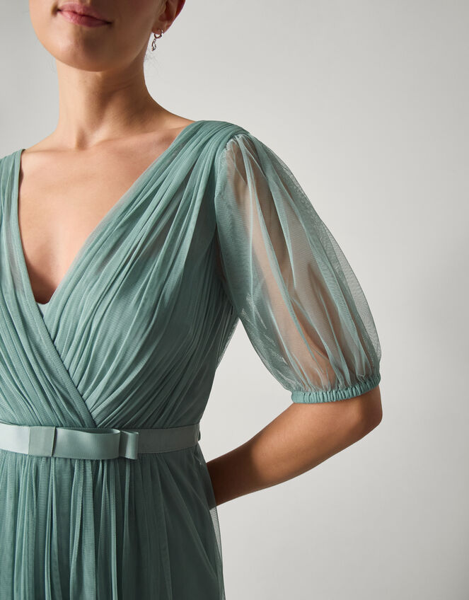 Ellie Sheer Sleeve Plunge Tulle Maxi Dress Green