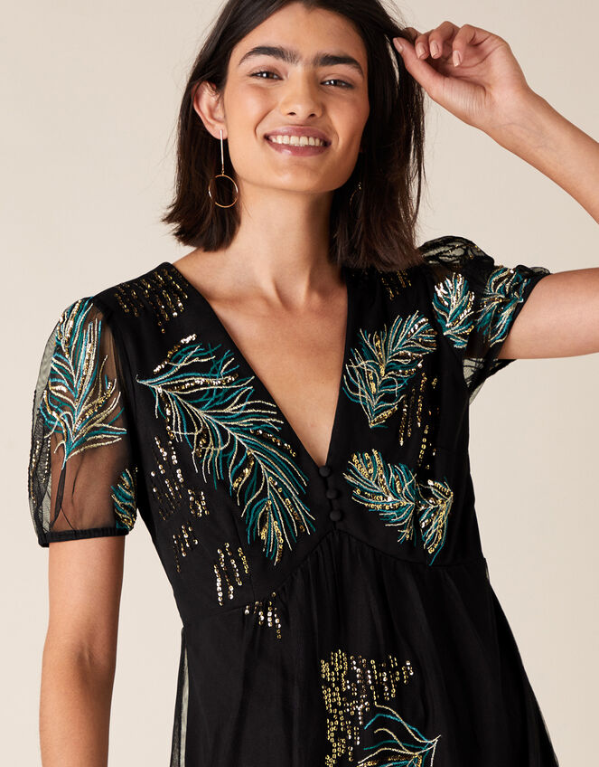 Gardenia Feather Embellished Tea Dress, Black (BLACK), large