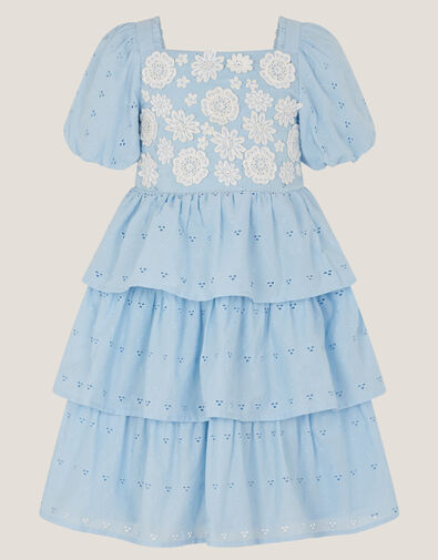Floral Broderie Puff Sleeve Tiered Dress, Blue (BLUE), large