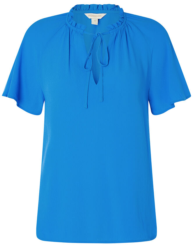 Tie Neck Short Sleeve Blouse, Blue (BLUE), large