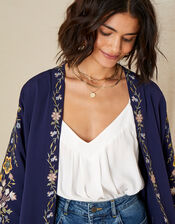 Floral Embroidered Short KImono, Blue (NAVY), large